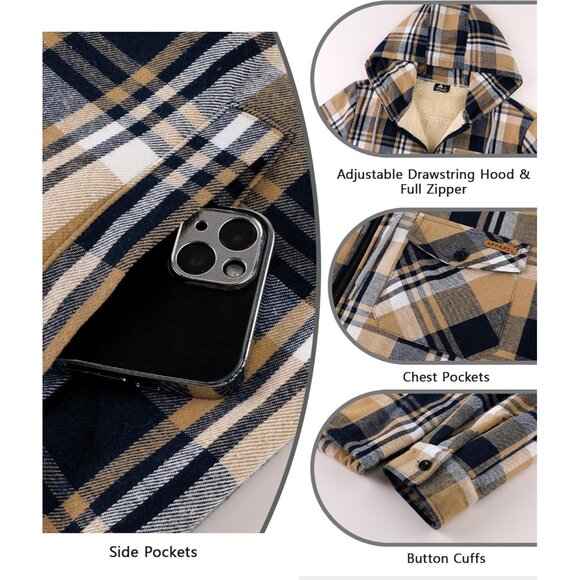 Mens Hooded Deep Blue Plaid Fleece-Lined Zip-Up Jacket Warm Winter Flannel Coat - Picture 4 of 5